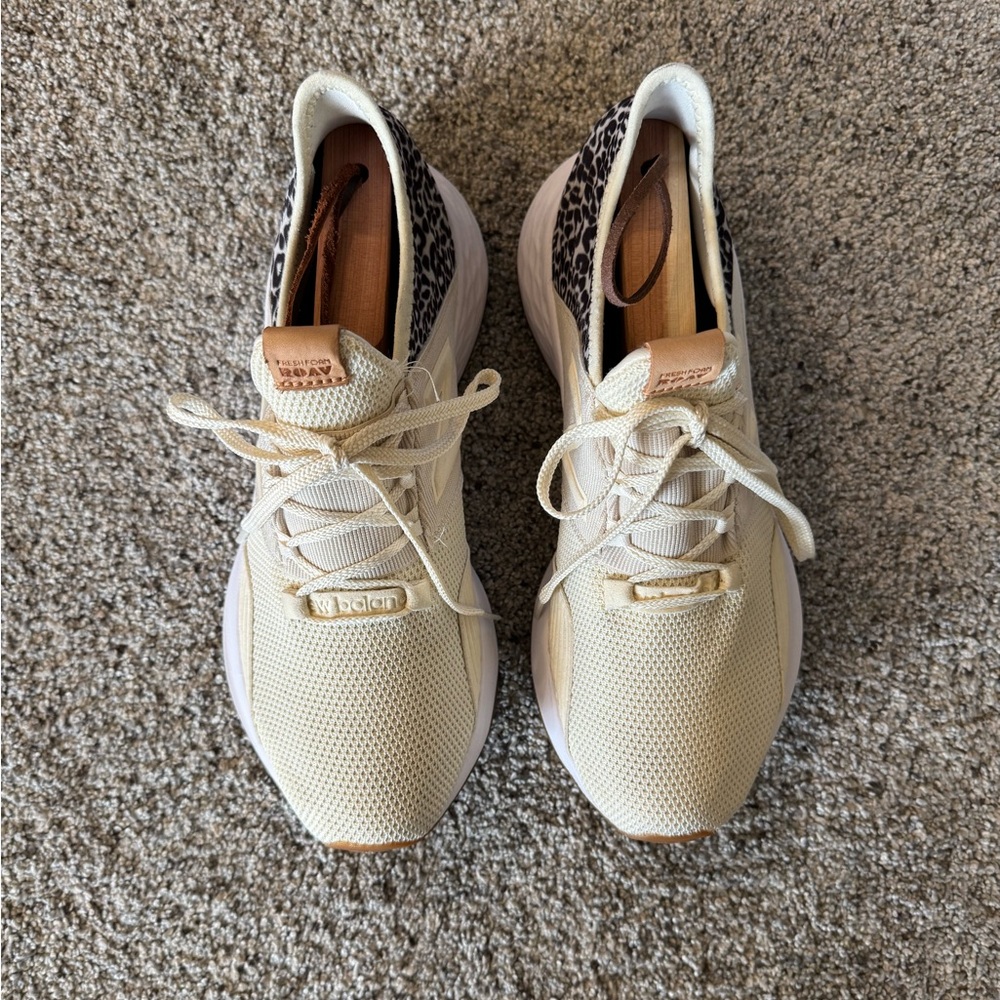 New Balance Cream and Tan Athletic Shoes with leopard print accent